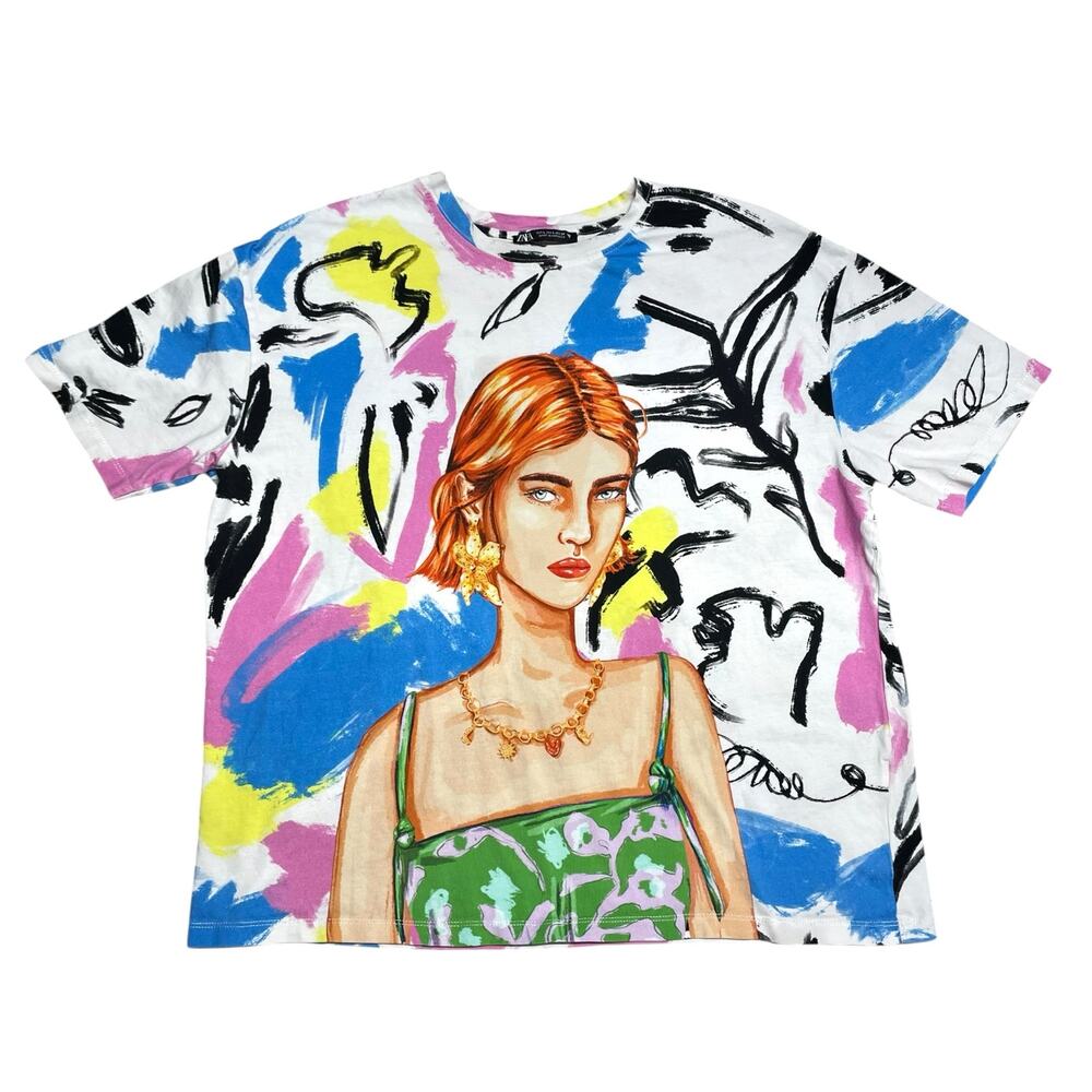 ZARA Art Collection Woman's Portrait Multicolor Pop Artist Graphic Tee Size L